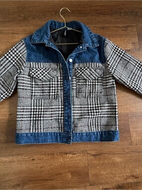 H&M Black & White Plaid Jacket with Blue Denim Accents